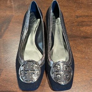 Tory Burch Black Wool Fabric Flat with Silver Trim